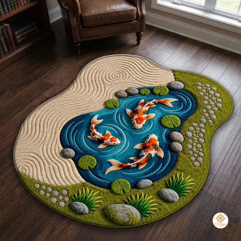 Custom Koi Fish Welcome Mat with 3D Pond and Lotus