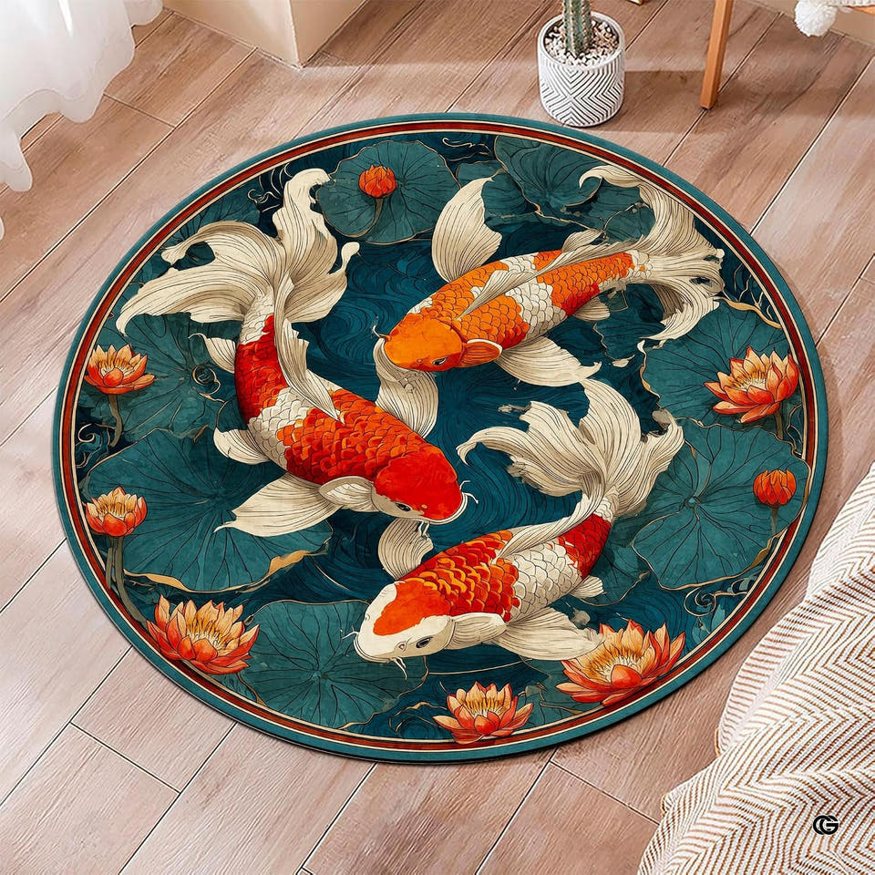 Japanese Art Nouveau koi fish lotus round area rug displayed on light wood flooring beside a potted cactus.