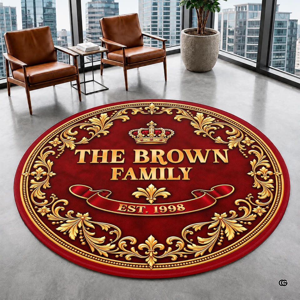 Round area rug with a royal crest carpet motif, golden crown, and fleur-de-lis scrolls on deep red.