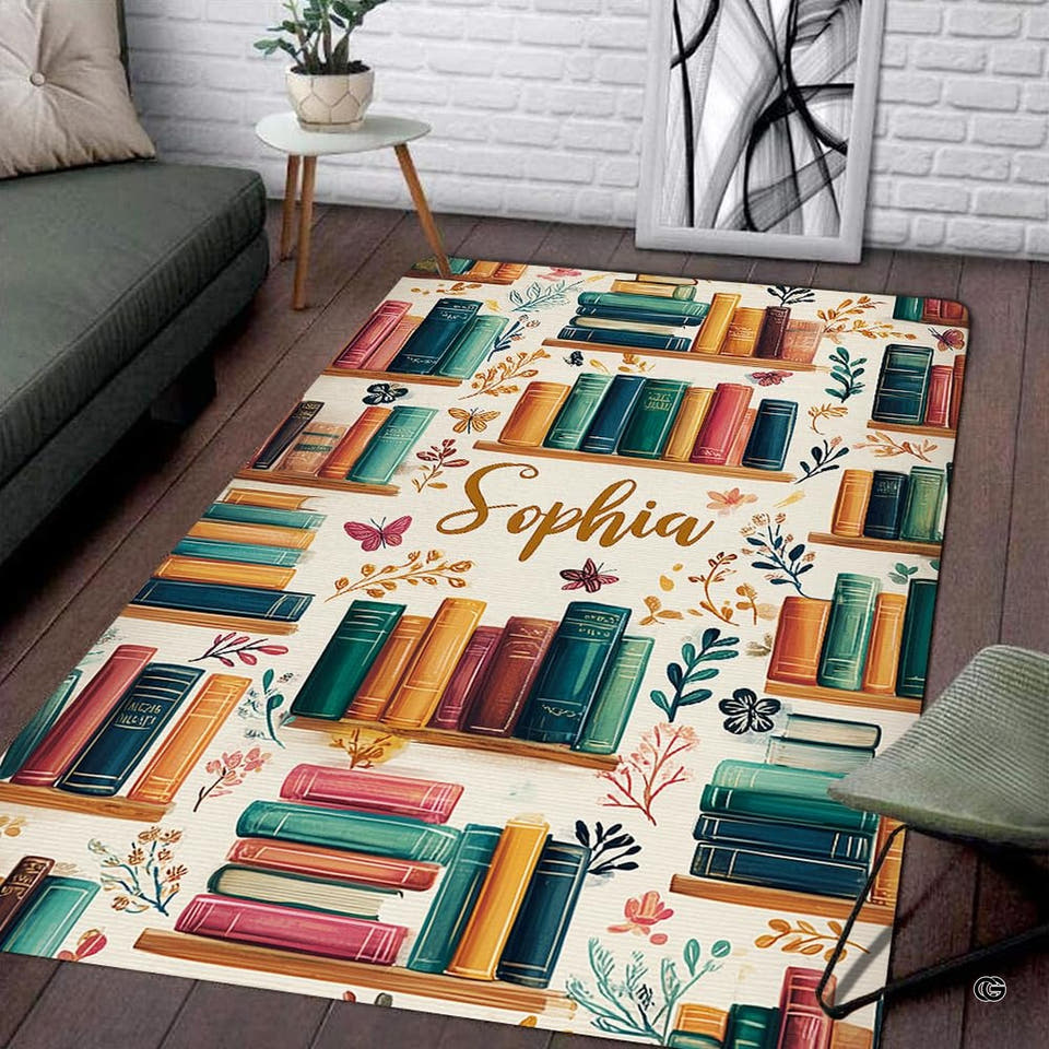 Bookshelf and butterfly illustrated area rug styled on dark wood floor