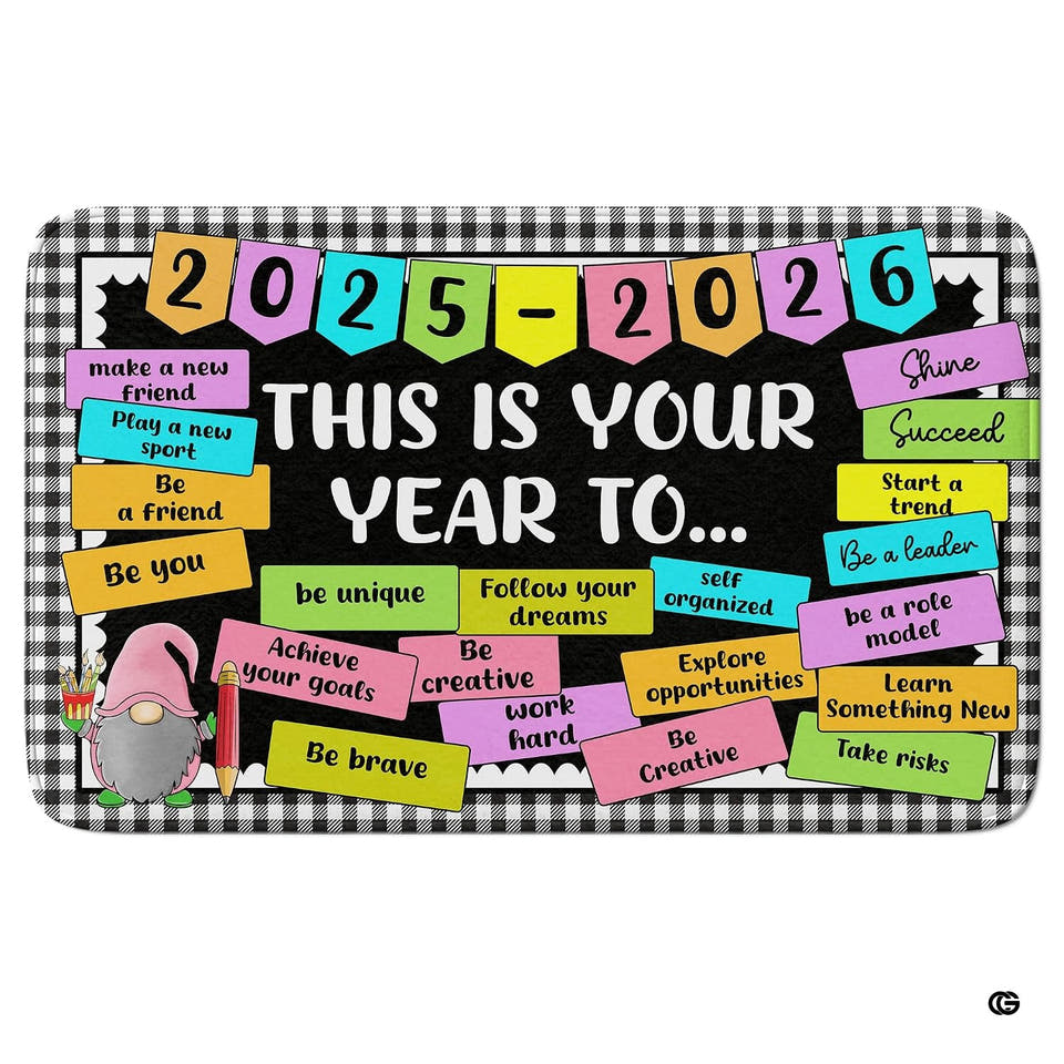 Top-down view of an area rug with buffalo check border, chalkboard center, and pastel school stationery motifs.