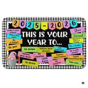 Top-down view of an area rug with buffalo check border, chalkboard center, and pastel school stationery motifs. - thumbnail image 1 of 8