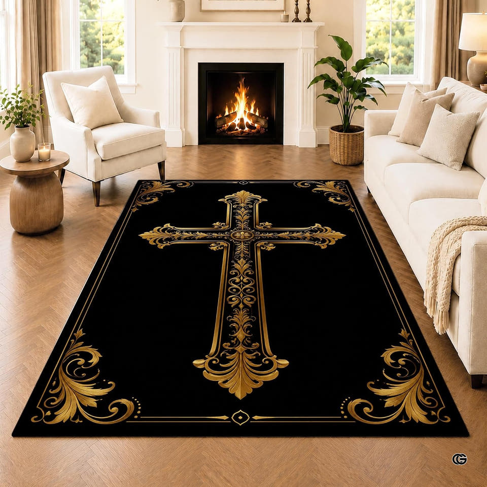 Ornate gold cross area rug with baroque scrollwork on a black background over wood flooring.