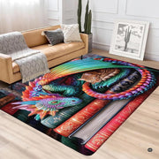 Colorful rainbow winged dragon gently sheltering a sleeping tabby kitten on a stack of vintage books area rug. - thumbnail image 3 of 5