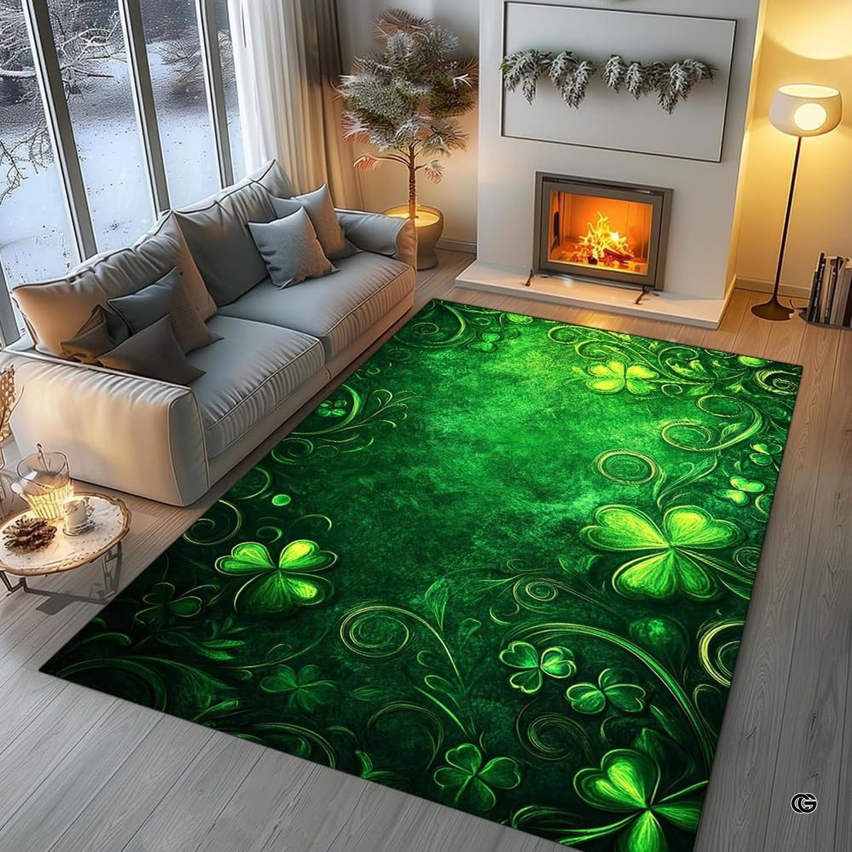 Corner detailing of intricate Celtic scrollwork and lime green clover illustrations.
