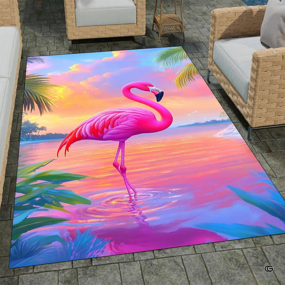 Tropical pink flamingo sunset rectangular area rug arranged on outdoor patio tile with woven armchairs.