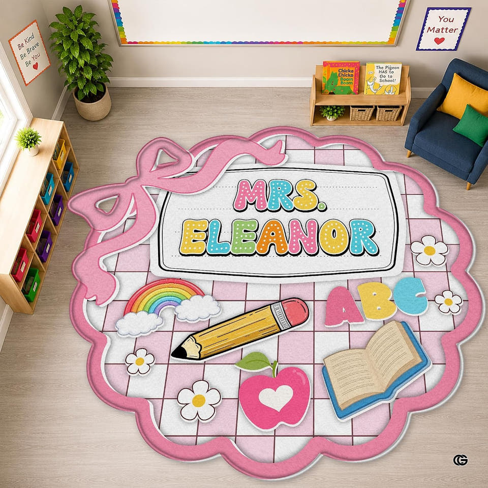 Classroom area rug with colorful motivational grid panels, stars, and lightbulb doodles.