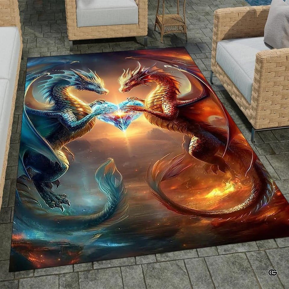 Fire and ice dragon rug with glowing blue crystal