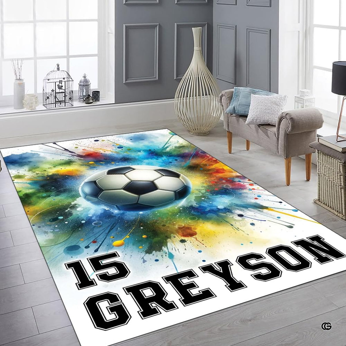 Close view of artistic paint splatter details framing an energetic soccer ball floor motif. - image 6 of 8