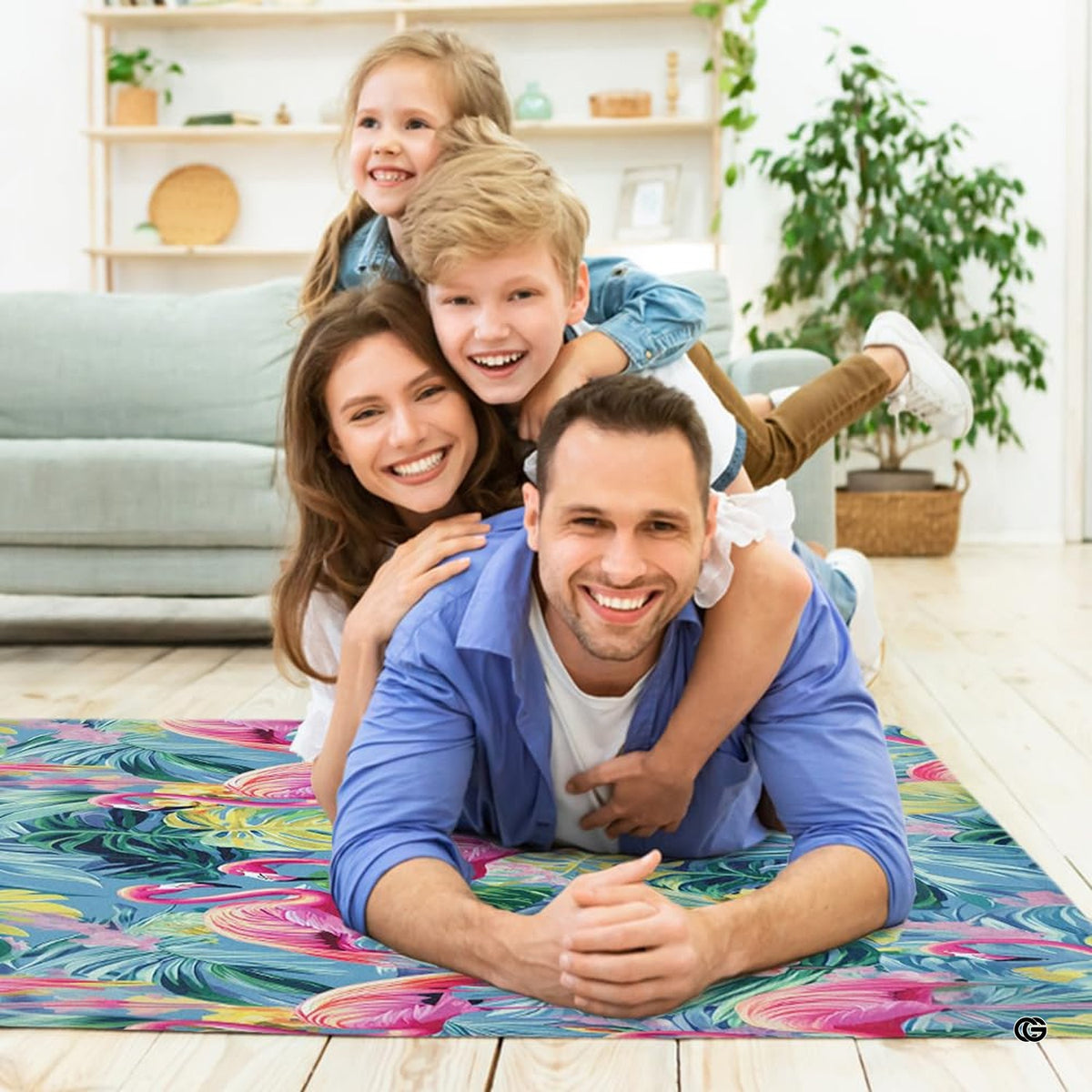 Dimensions and sizing options chart for tropical pink flamingo botanical living room area rug