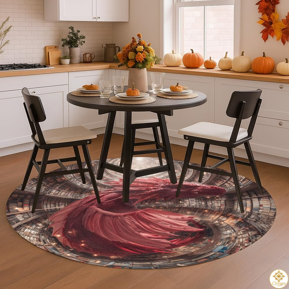Custom Dragon Round Rug with 3D Illusion and Library Pattern
