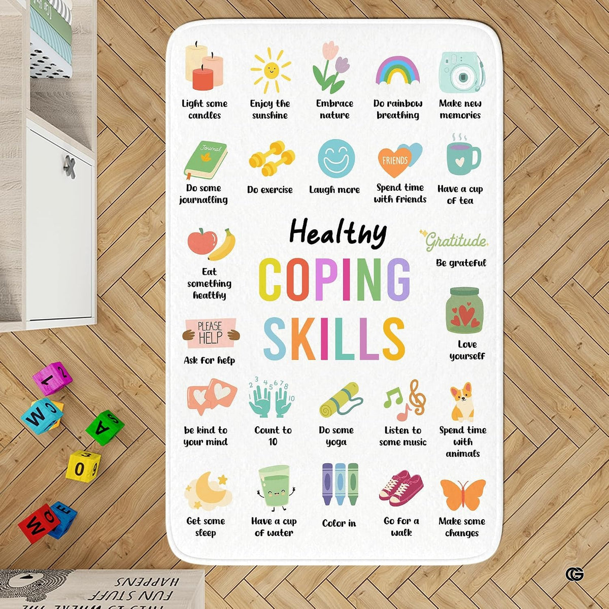 Classroom hardwood floor setting displaying the mindfulness coping skills educational area rug