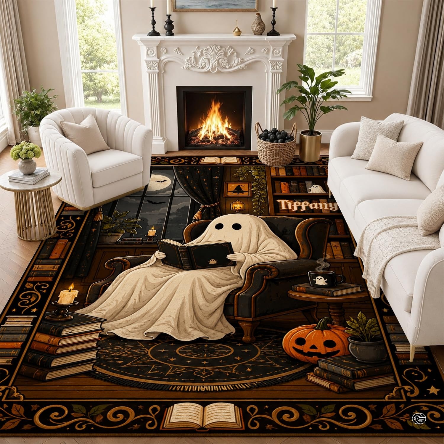 Personalized Witch Area Rug with Name - Custom Halloween Rug, Black Cat & Raven Floor Carpet, Spooky Gothic Home Decor, Non Slip Rugs (Style 12)