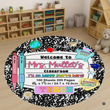 Composition notebook classroom decor area rug featuring black marble pattern and colorful stationery artwork.