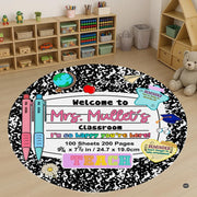 Composition notebook classroom decor area rug featuring black marble pattern and colorful stationery artwork. - thumbnail image 1 of 7