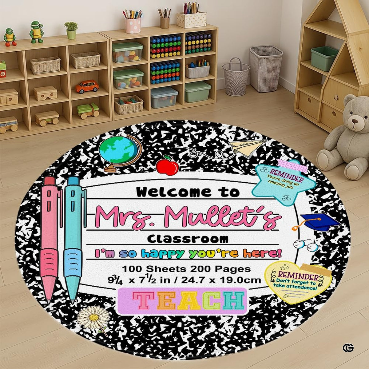 Composition notebook classroom decor area rug featuring black marble pattern and colorful stationery artwork. - image 1 of 7