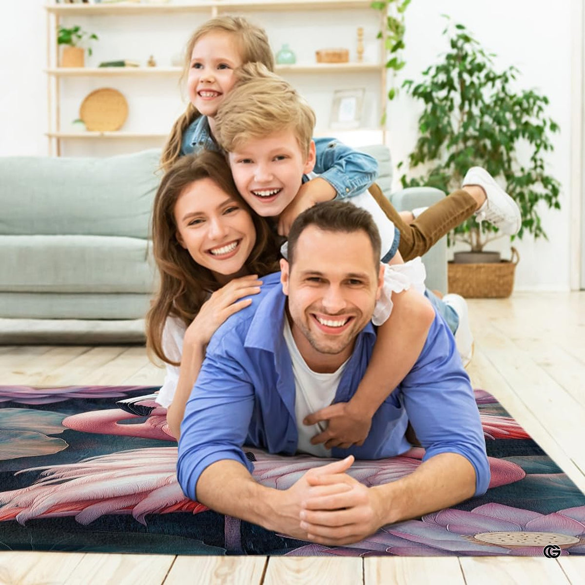 Contemporary living room setting styling the pink flamingo lotus pond area rug by a sofa