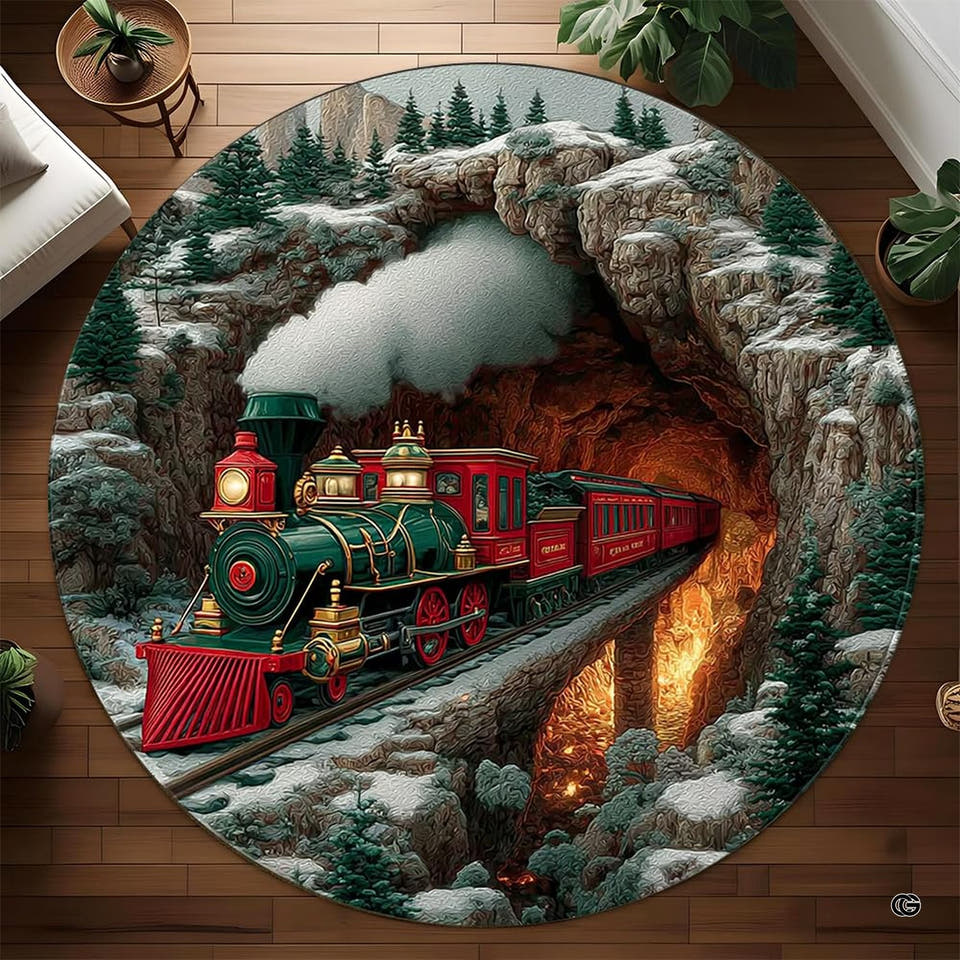 Vintage locomotive winter mountain Round Area Rug concealing old carpet problems.