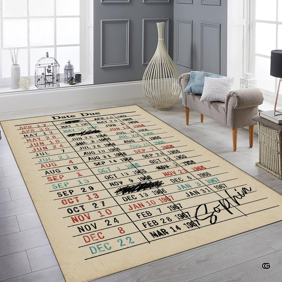 Full room styling showing literary themed library card rug centered in thematic accent office.