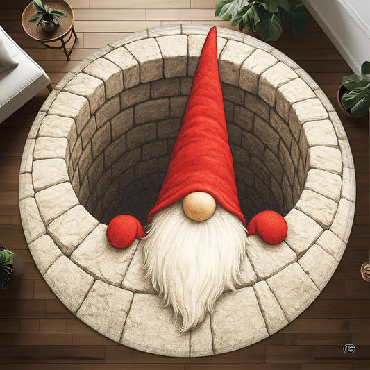 Top-down view of round area rug featuring a 3D stone well illusion and Scandinavian gnome in a red hat.
