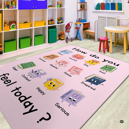 Preschool play area with toy storage shelving displaying the feelings rug - thumbnail image 5 of 7