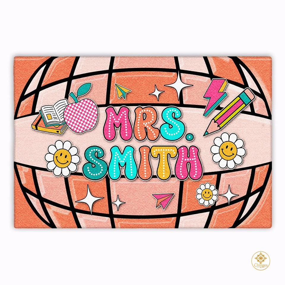 Personalized Teacher Doormat for Classroom and School Decor - 1'4" x 2' (Rectangular) / Groovy Style