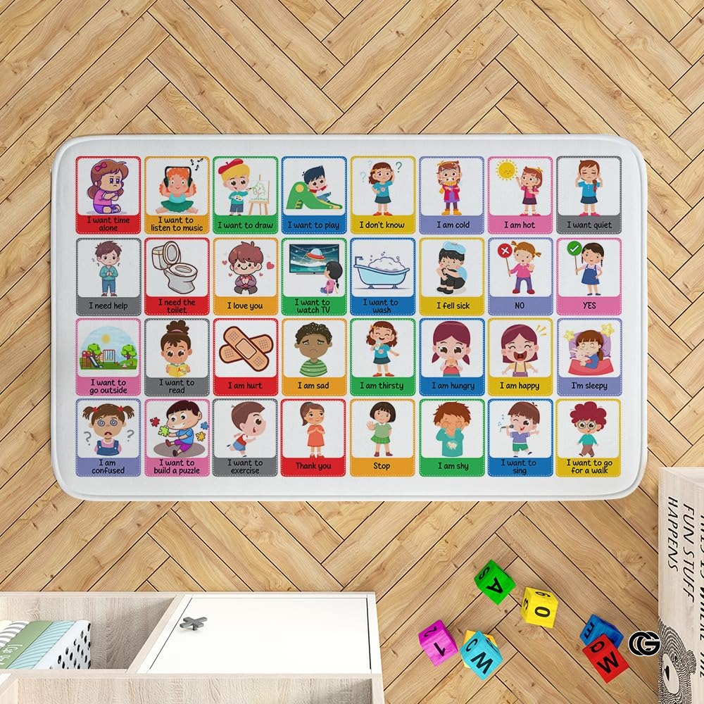 Core Vocabulary Rug, Communication Rugs for Kids Sped Classroom Rug, Autism Carpet, Speech Therapist Decor, Classroom Carpet, Back to School Mat for Kids Room Decor (STYLE-DS03, X-Small (2x3 feet))