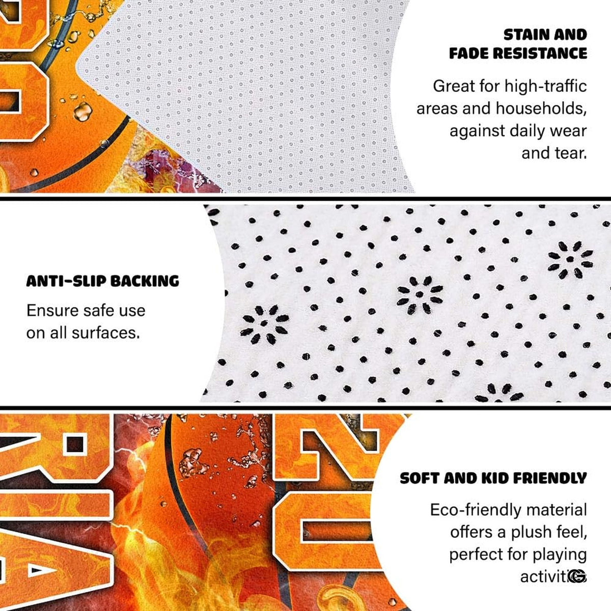 Fire and ice basketball sports floor carpet displayed in cozy living room interior