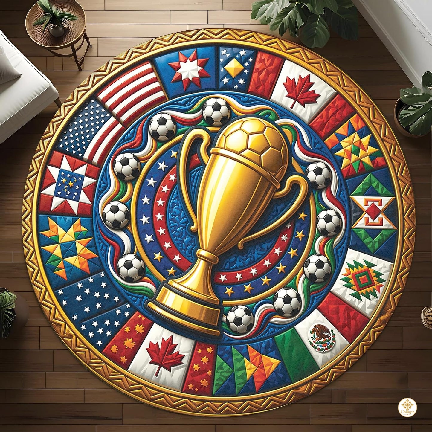 Custom Soccer Championship Round Rug with Trophy and Flag Details