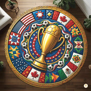 Custom Soccer Championship Round Rug with Trophy and Flag Details
