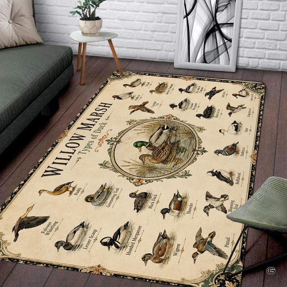 Antique field guide area rug with scientific waterfowl illustrations on parchment.
