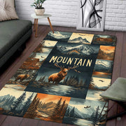 Rustic elk stag and wilderness patchwork area rug displayed on hardwood flooring. - thumbnail image 1 of 5
