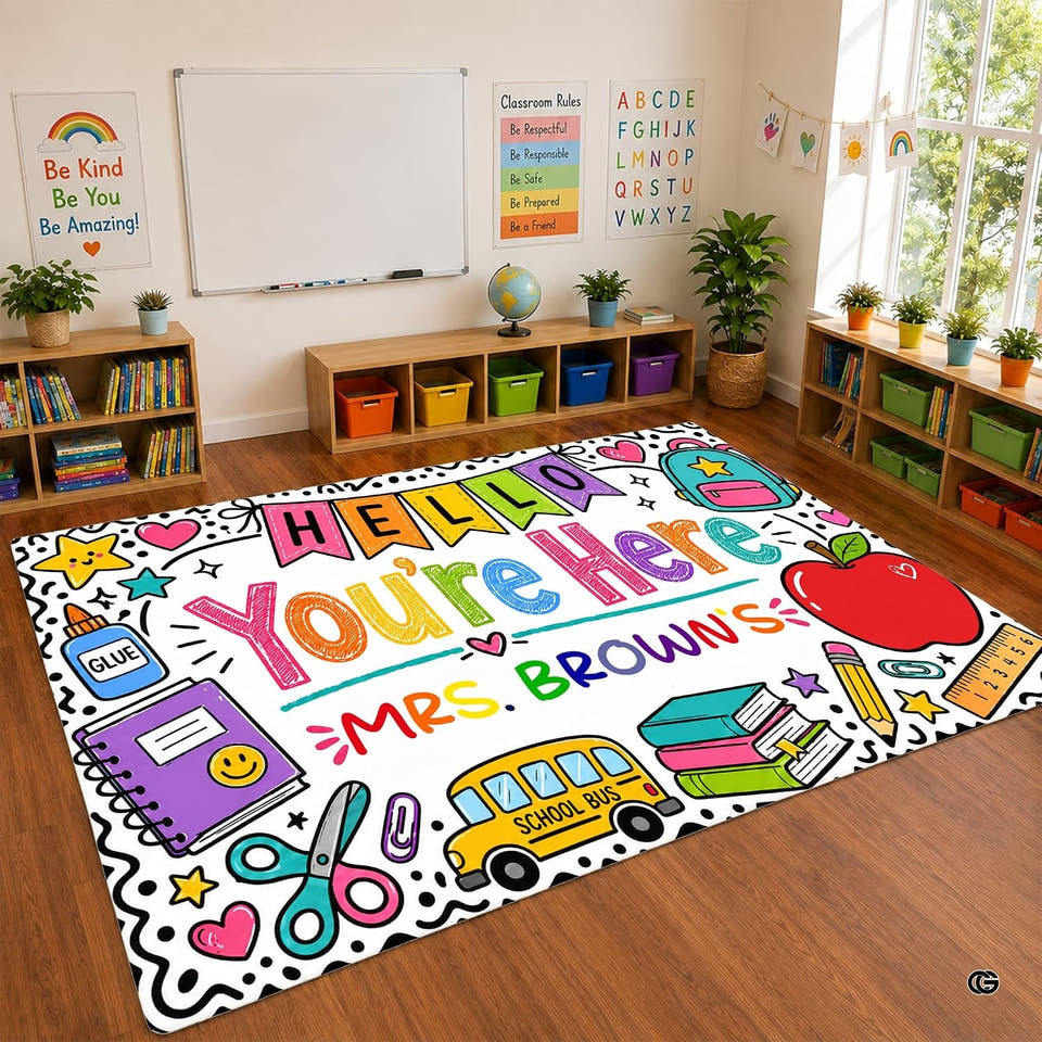 Classroom Area Rug featuring colorful alphabet grids and stationery icons in a bright study space.