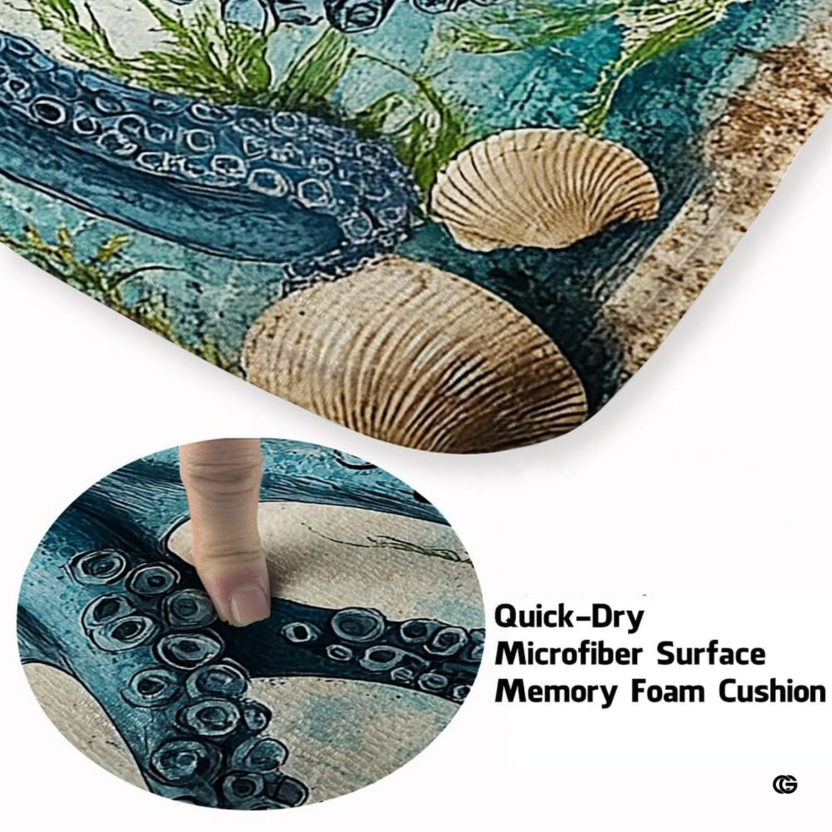 Close-up detail of kraken tentacles, suction cups, and coral artwork on vintage parchment-textured background.