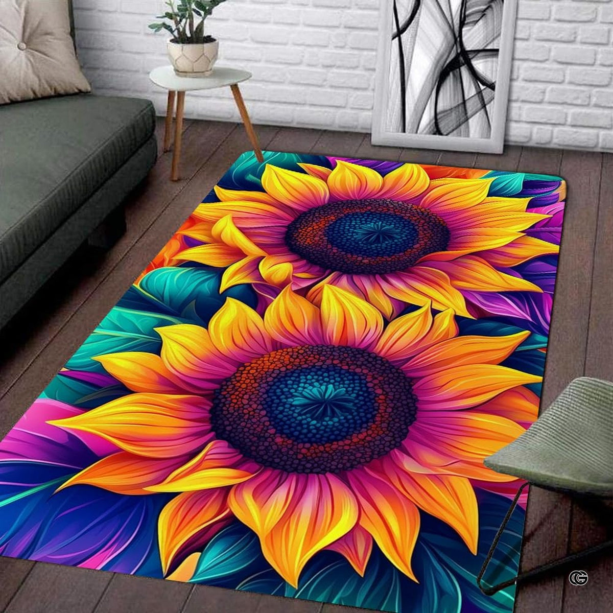Sunroom setting featuring the vibrant sunflower outdoor area rug design alongside verdant potted greenery. - image 7 of 8