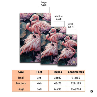 Dimensions and sizing chart for pink flamingo lotus pond botanical living room area rug - thumbnail image 2 of 7