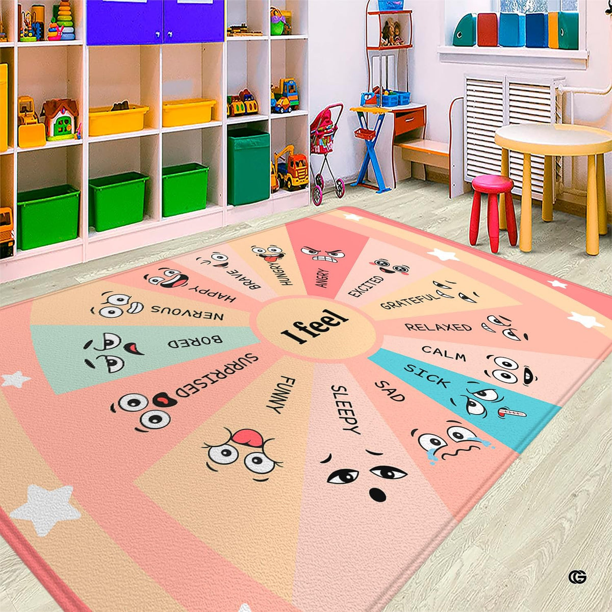 Floor display of feelings wheel rug adding illustrative charm to a styled playroom setting.