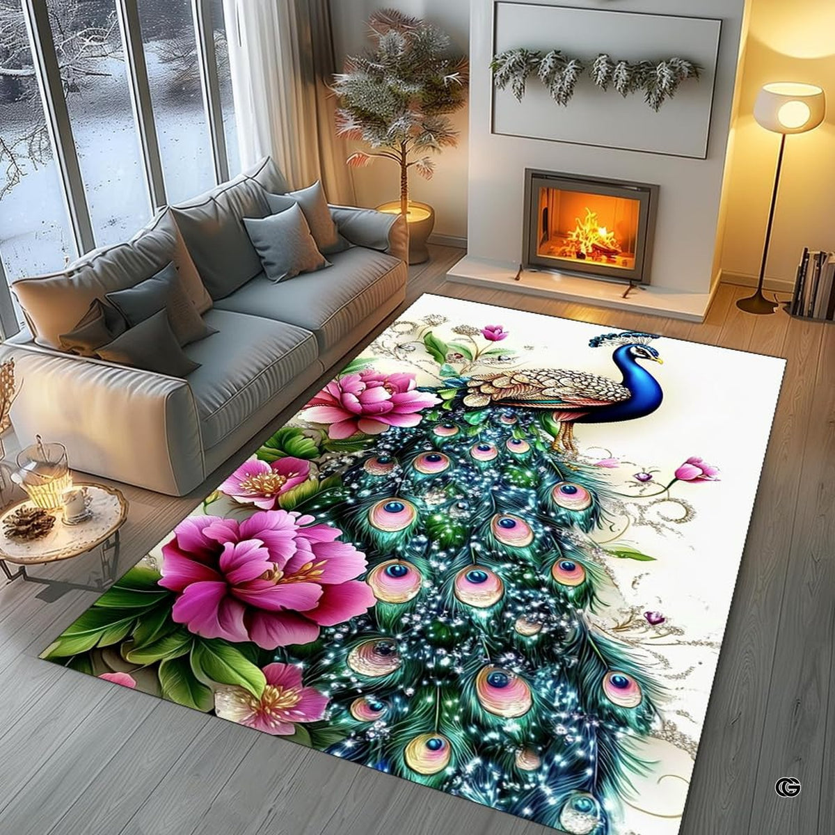 Parlor layout displaying the glamorous peacock bird rug centered on flooring - image 5 of 8