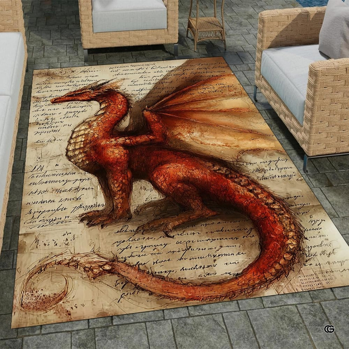 Leonardo da Vinci style red dragon anatomy sketch on vintage handwritten parchment paper area rug. - image 1 of 8