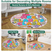 Retro school-themed area rug against wall display adjacent to minimalist white shelving. - thumbnail image 7 of 9