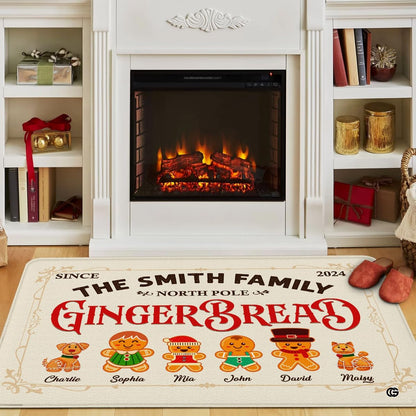 Festive gingerbread decorative accent area rug displayed as central floor artwork in Christmas party area setup. - thumbnail image 9 of 9