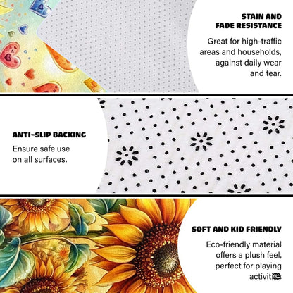 Close-up detail of textured sunflower seed centers and decorative accent cyan background accents on a decorative area rug. - thumbnail image 4 of 8