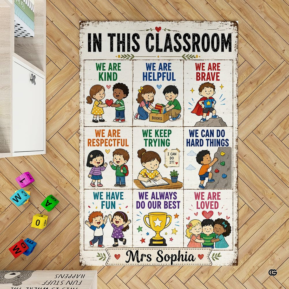 Dimension chart displaying size options for classroom rules area rug.