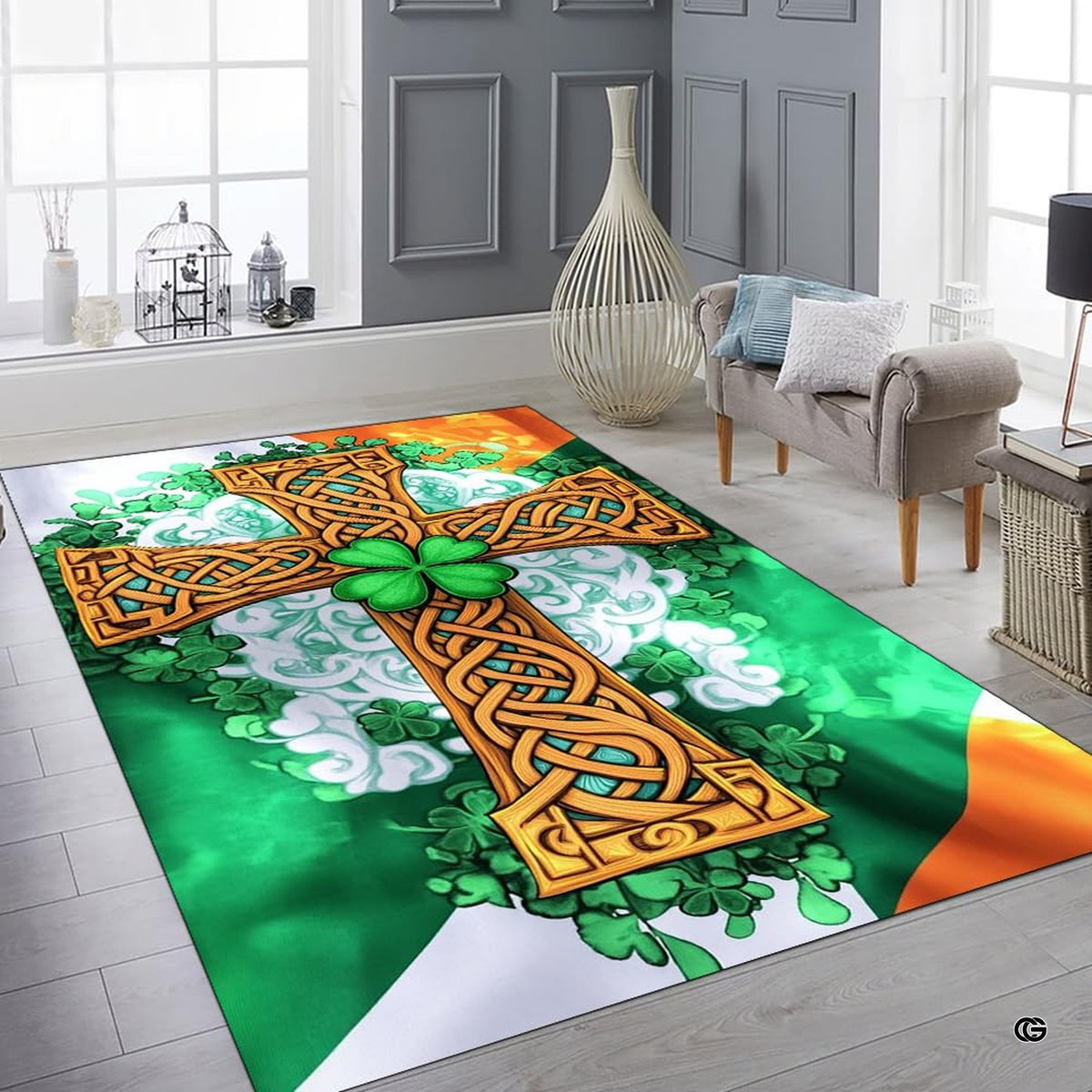 Bright contemporary sitting room interior showcasing the Celtic knotwork area rug - image 6 of 8