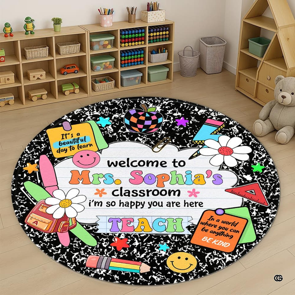 Classroom area rug with lined notebook paper graphics and colorful bubble alphabet lettering.