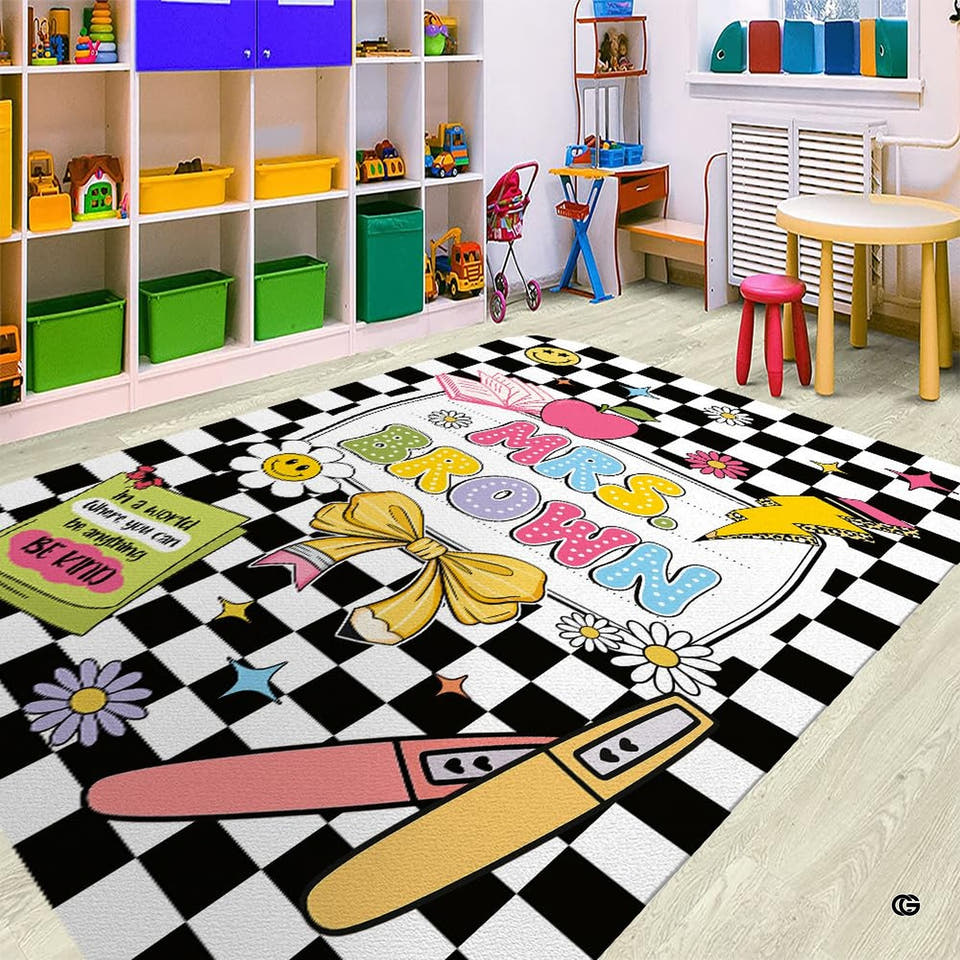 Vintage teacher classroom decor area rug with black and white checkerboard print and retro stationery doodles.
