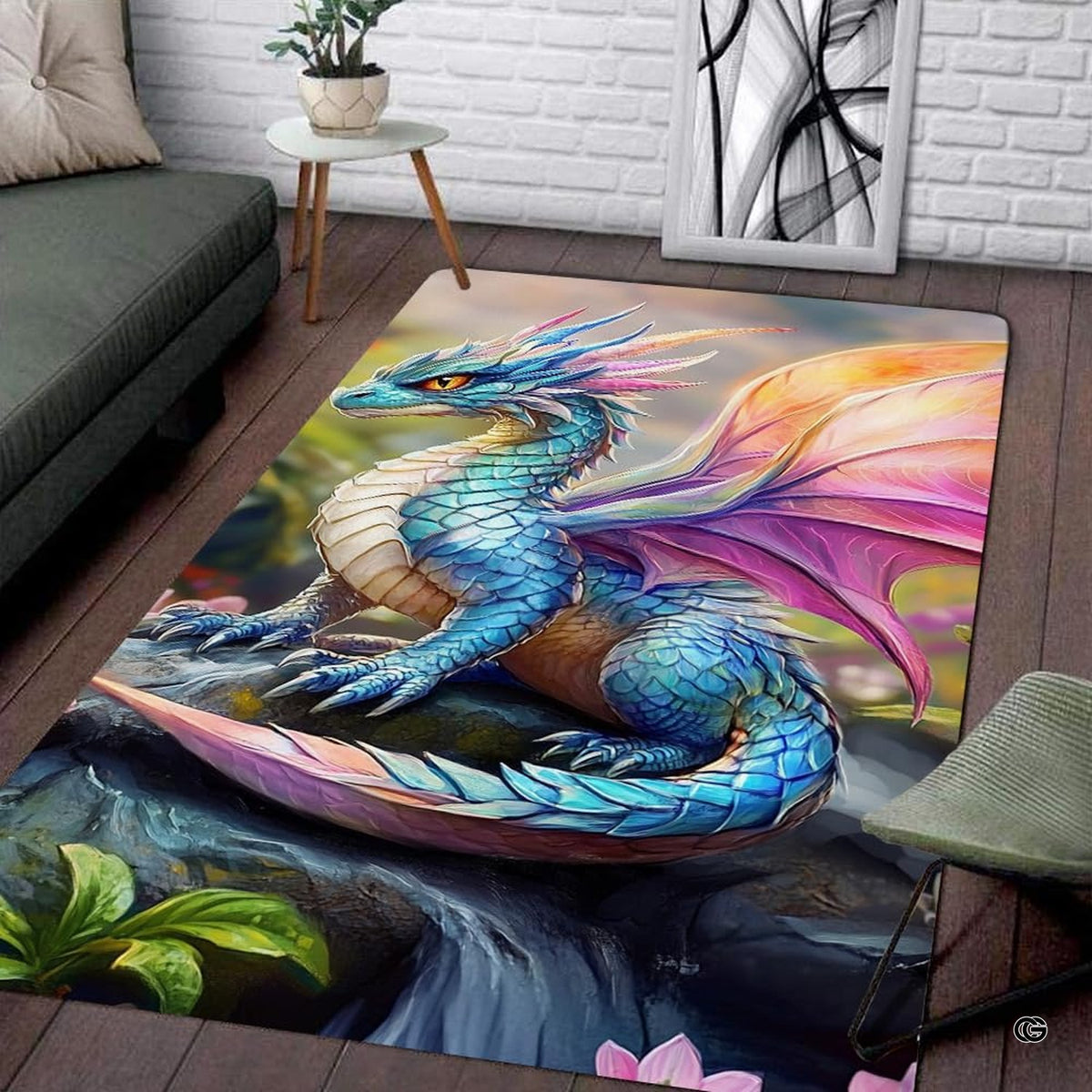 Fantasy dragon area rug displaying turquoise scales and radiant wings in a decorated room. - image 1 of 7