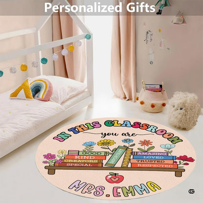 Close visual detail of daisies, wildflowers, and stacked colorful books on vintage floral classroom decor. - thumbnail image 3 of 9