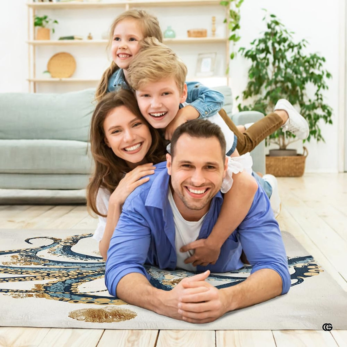 Blue octopus area rug styled under modern living room seating with natural wood and brass accents.