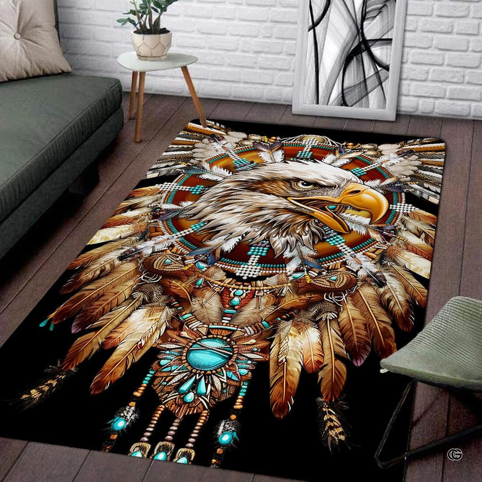 Full overhead view of Native American eagle area rug featuring a dreamcatcher motif and beadwork on black.